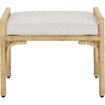 Olisa Ottoman by Currey and Company in pearl. Made from abaca rope, wrought iron, fabric in a coastal style.