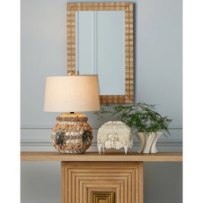 Morombe Console Table by Currey and Company in washed oak. Made from red oak, white oak veneer, brass in a transitional style.