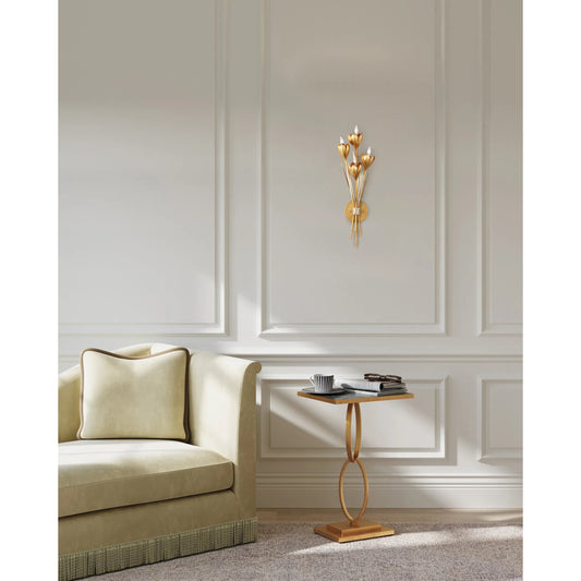 Hortensia Wall Sconce by Currey and Company in contemporary gold leaf, contemporary silver leaf. Made from wrought iron in a rustic style.