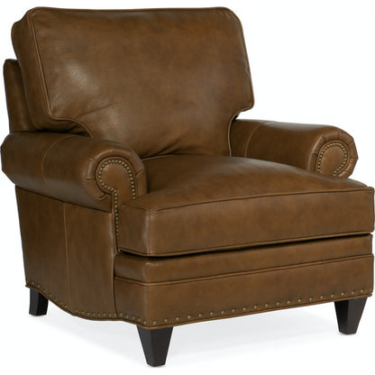 Carrado Stationary Chair by Bradington-Young by Hooker Furniture in brown and plantation finish, brass. Made from 100% leather in a unique style.