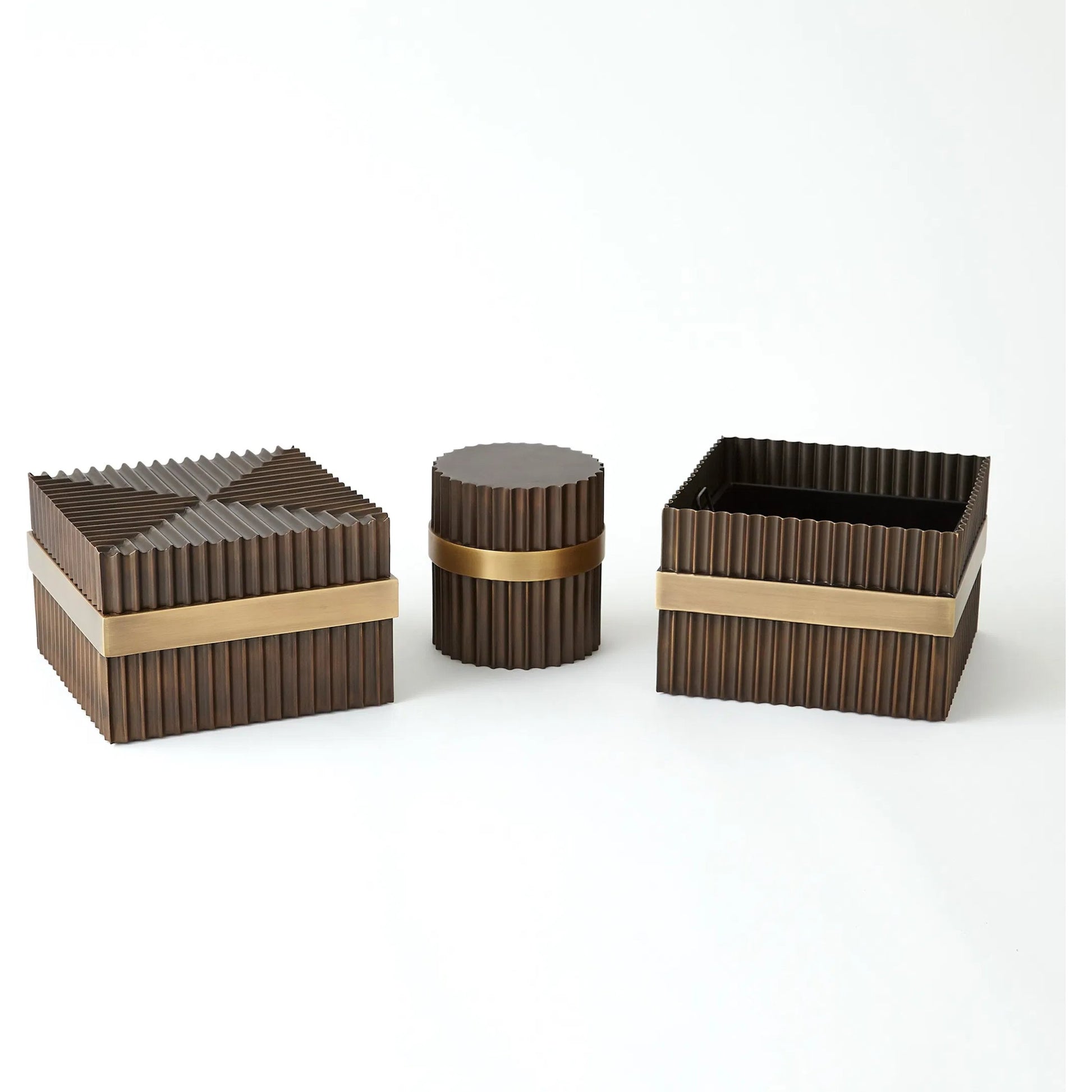 Magic Flute Square Box by Global Views in brass, bronze. Made from brass, mild steel in a modern style.