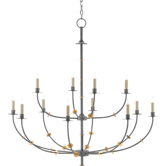 Balladier Chandelier by Currey and Company in hiroshi gray, contemporary gold leaf. Made from wrought iron in a modern style.