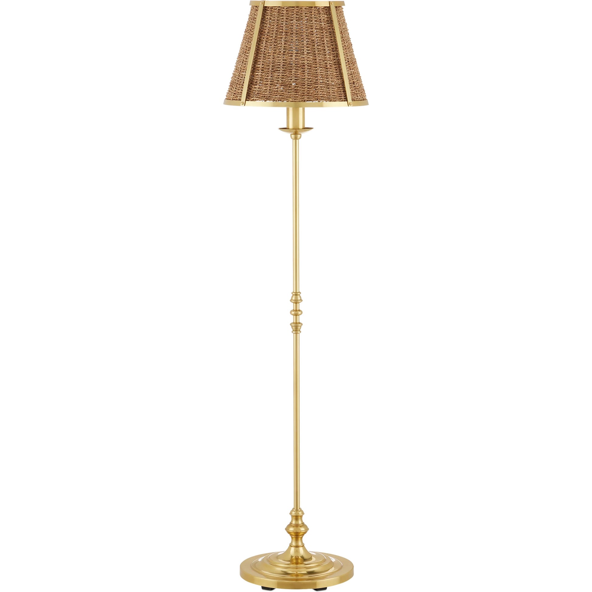 Deauville Floor Lamp by Currey and Company in polished brass, natural. Made from metal, seagrass in a cottage & farmhouse style.