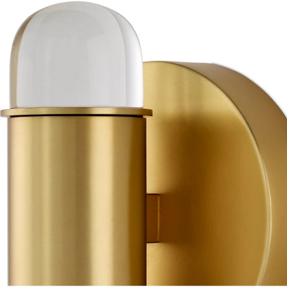Capsule Wall Sconce by Currey and Company in brushed brass, clear. Made from metal, optic crystal in a modern style.