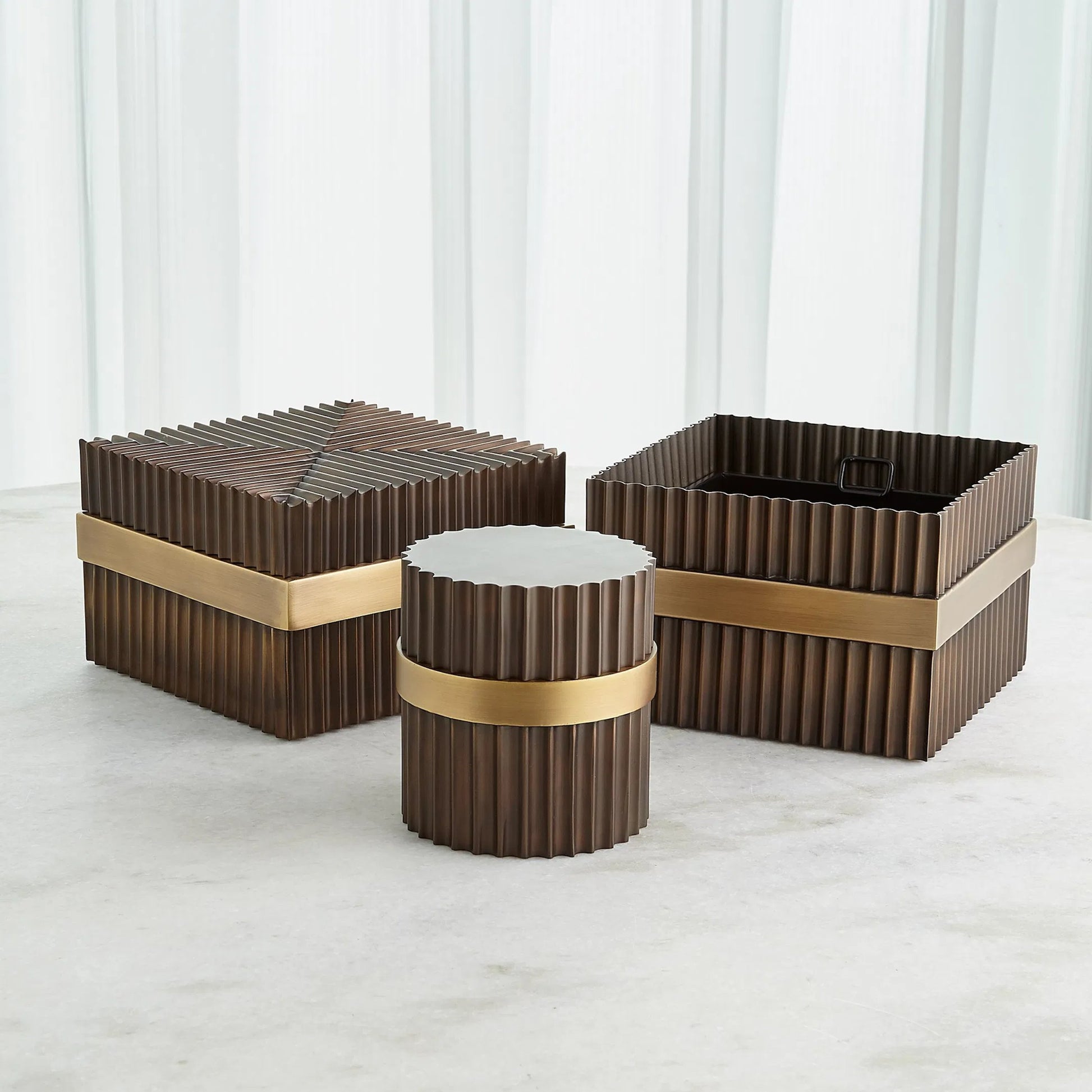 Magic Flute Square Box by Global Views in brass, bronze. Made from brass, mild steel in a modern style.