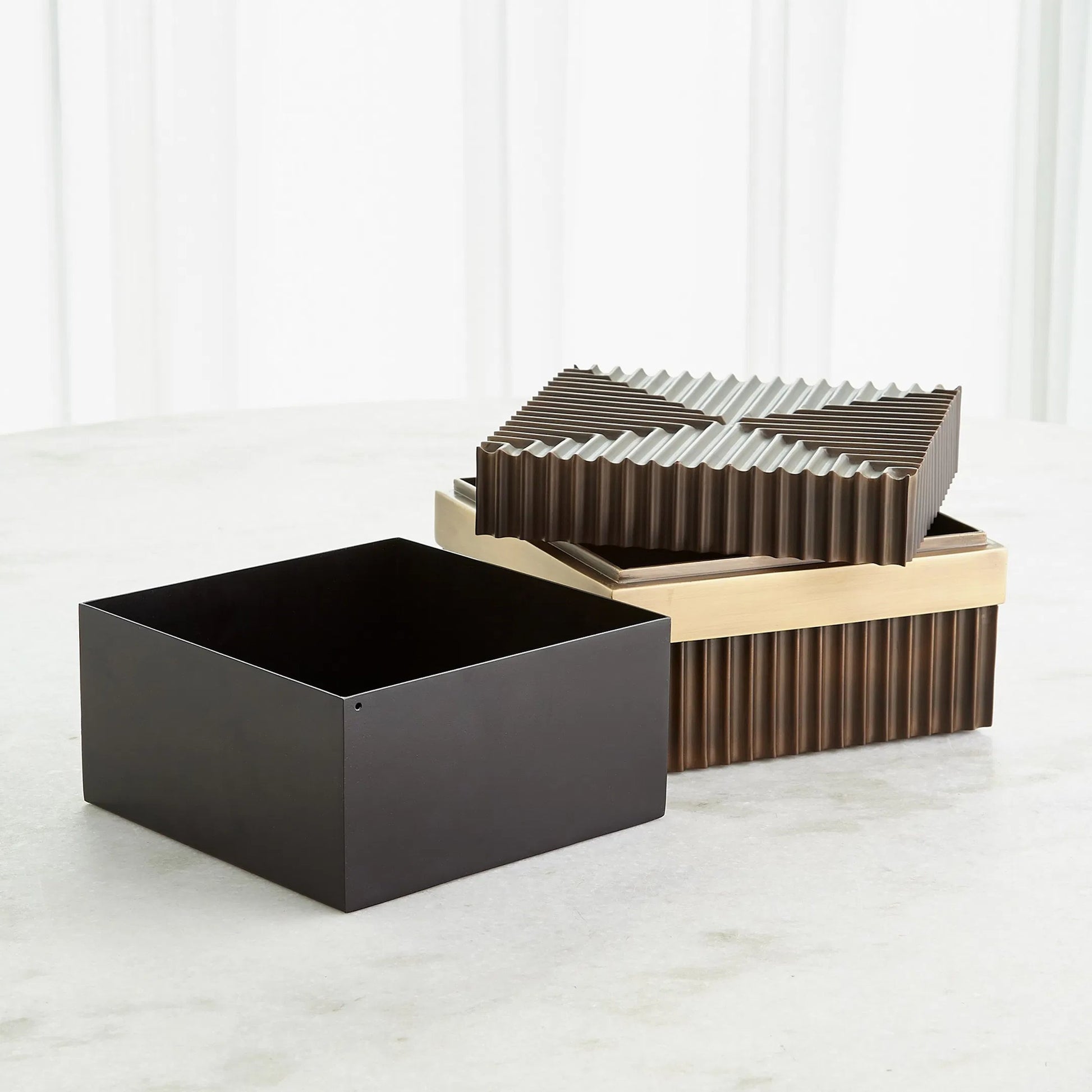 Magic Flute Square Box by Global Views in brass, bronze. Made from brass, mild steel in a modern style.