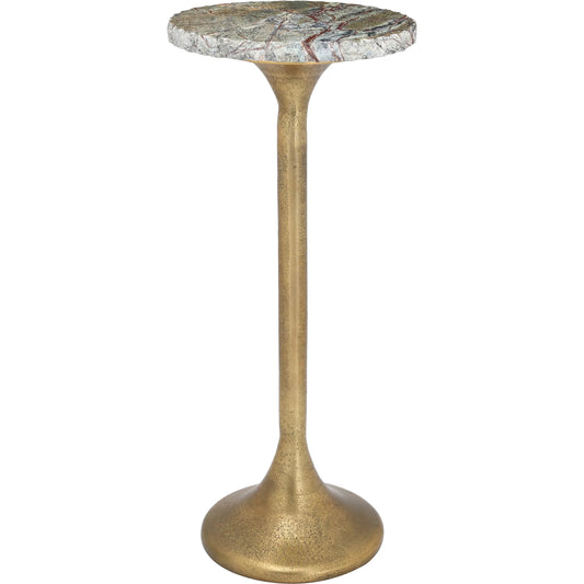 Wilderness Drinks Table by Currey and Company in antique brass, natural. Made from cast aluminum, green forest marble in a modern style.