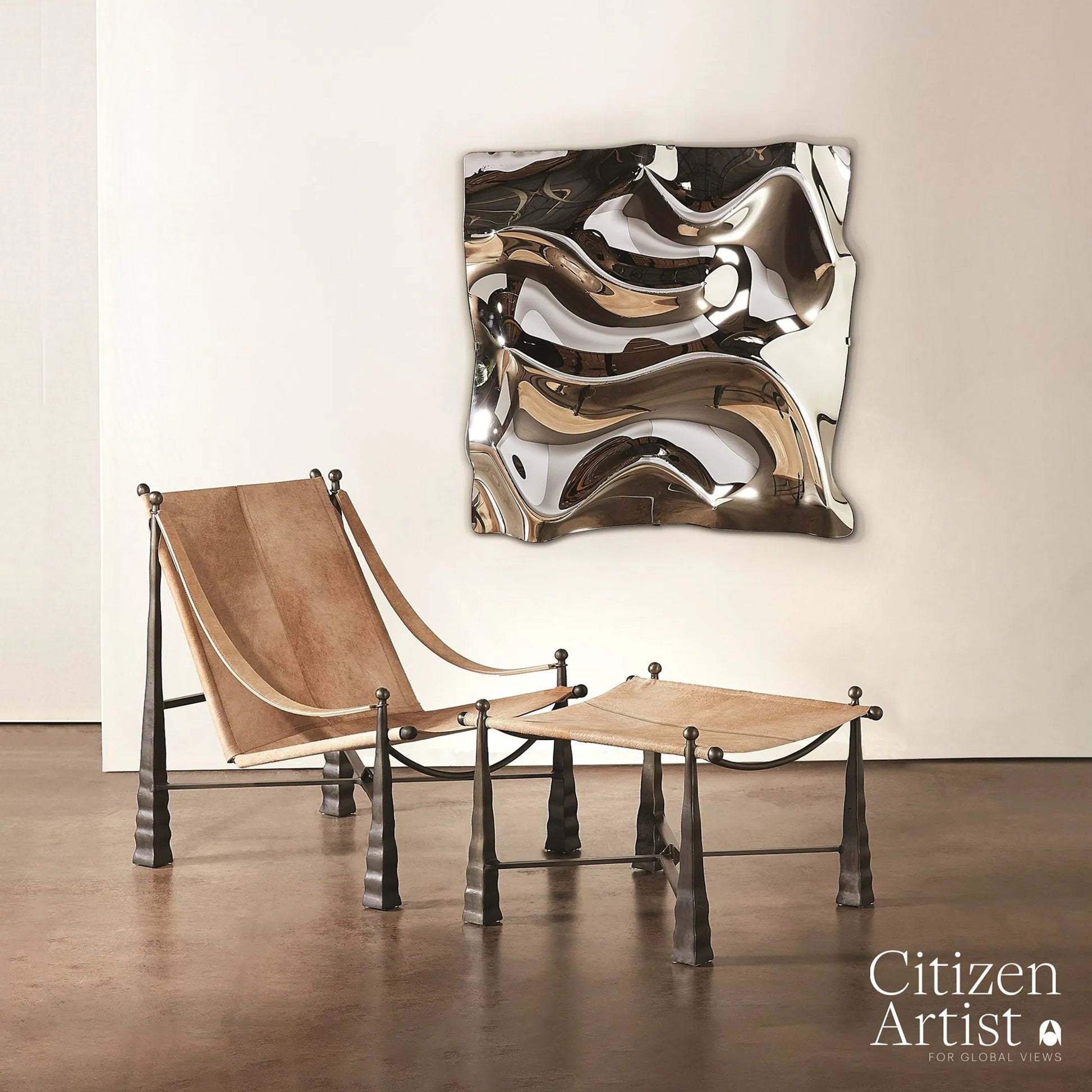 Cognac Ottoman by Global Views. Made from metal, cowhide in a rustic style.