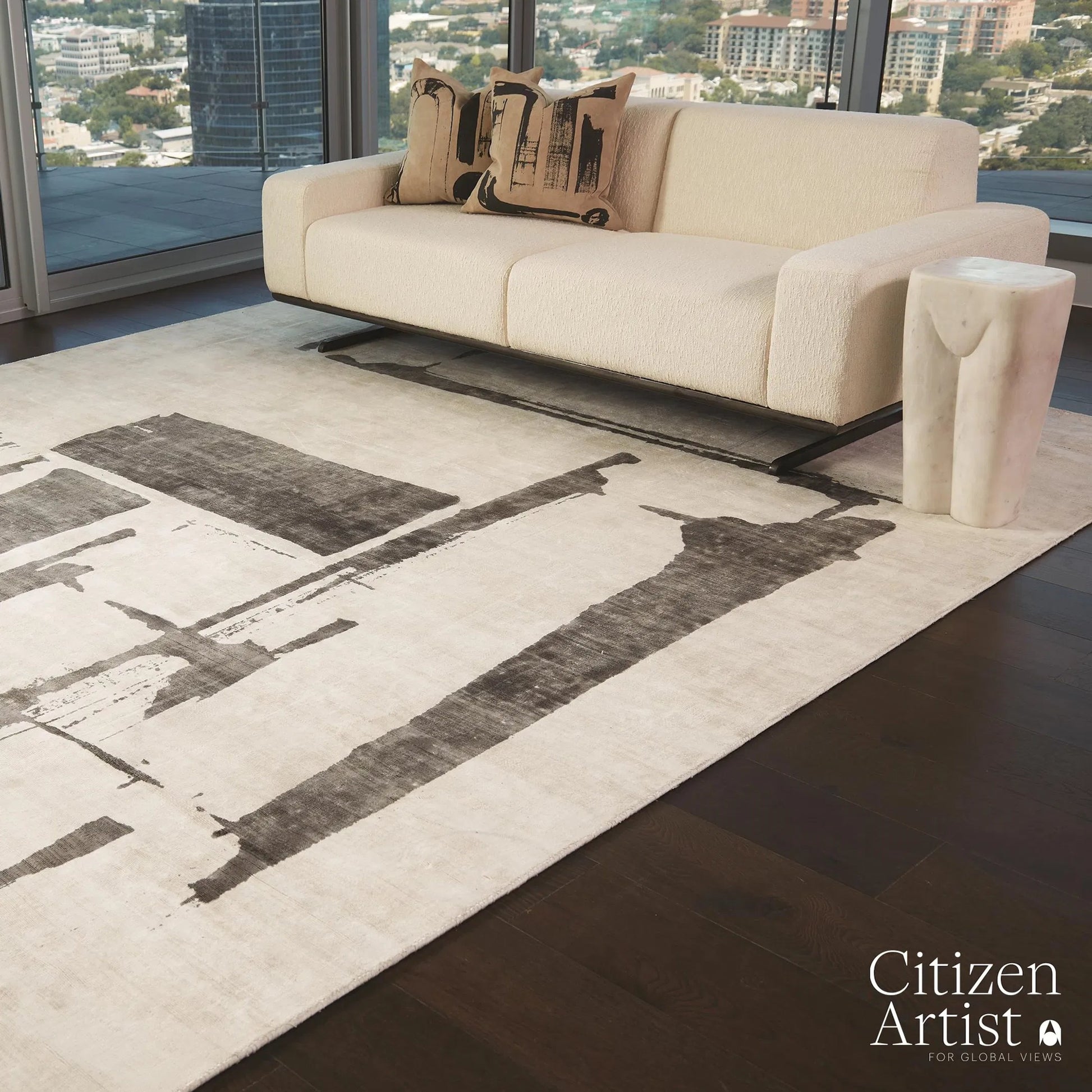 Edifice Rug by Global Views in cream, charcoal. Made from 80% viscose, 20% cotton (backing) in a unique style.