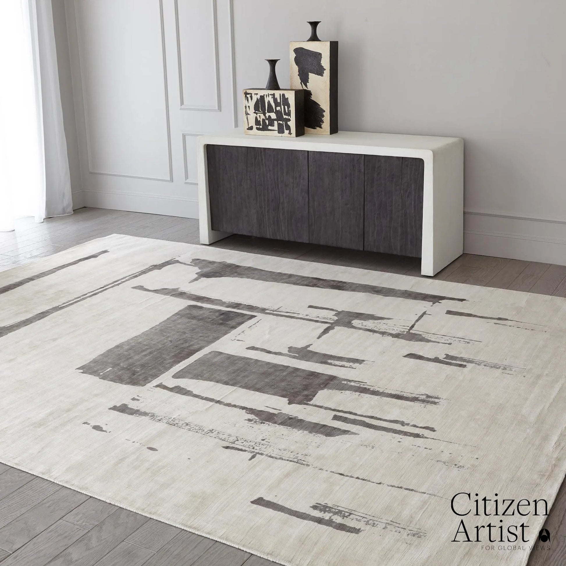 Edifice Rug by Global Views in cream, charcoal. Made from 80% viscose, 20% cotton (backing) in a unique style.