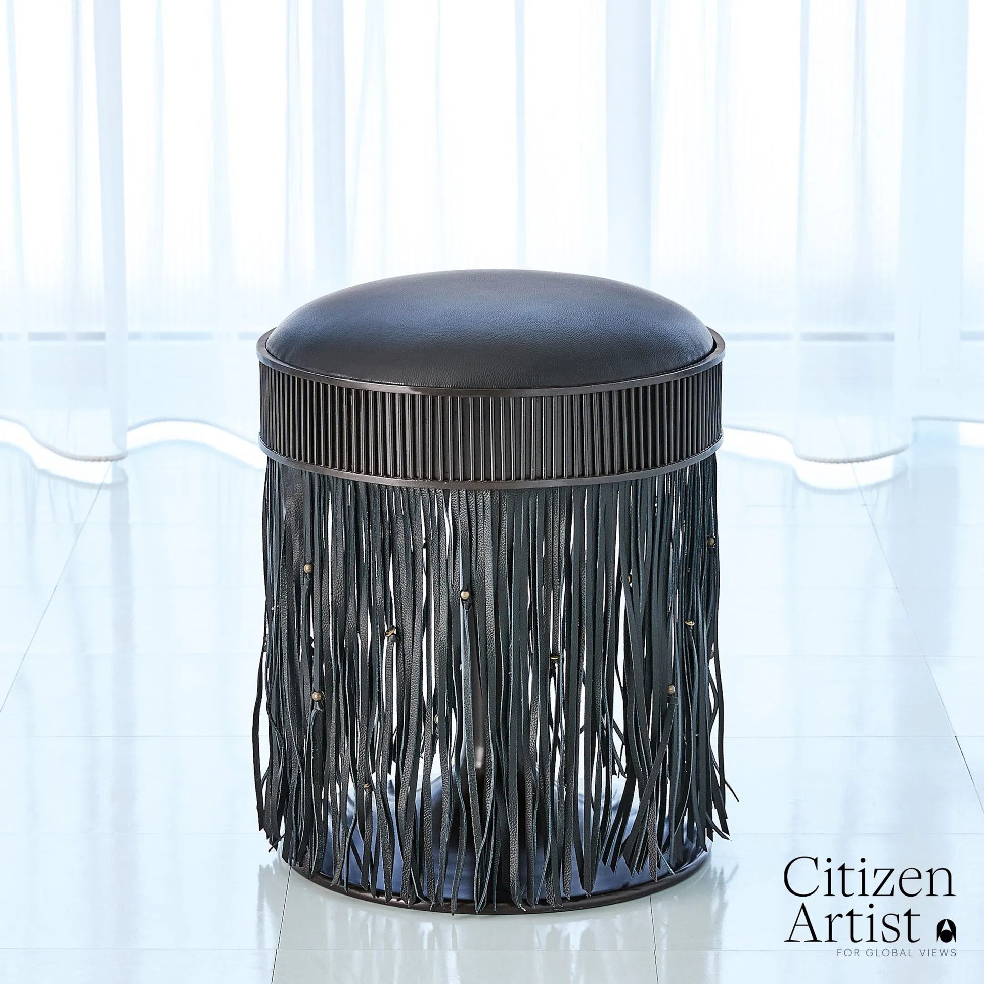 Grace Stool by Global Views in black. Made from brass, leather, mild steel in a eclectic & global style.