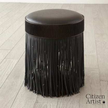 Grace Stool by Global Views in black. Made from brass, leather, mild steel in a eclectic & global style.