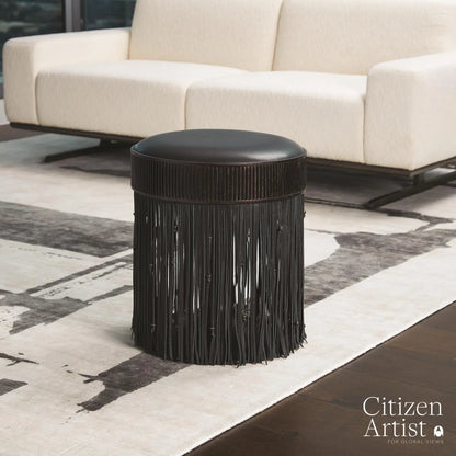 Grace Stool by Global Views in black. Made from brass, leather, mild steel in a eclectic & global style.