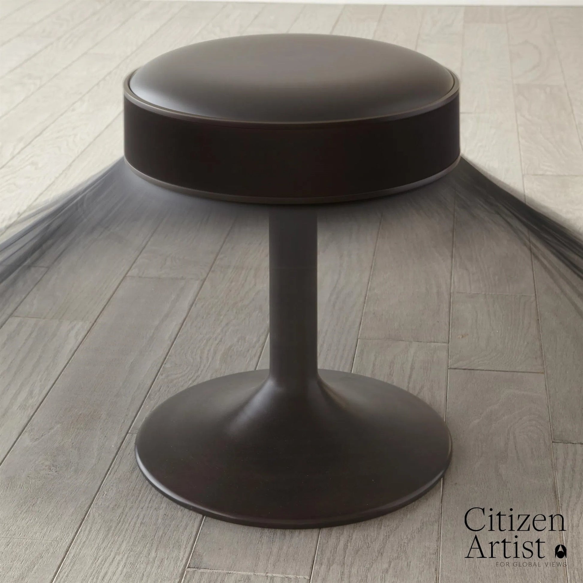 Grace Stool by Global Views in black. Made from brass, leather, mild steel in a eclectic & global style.