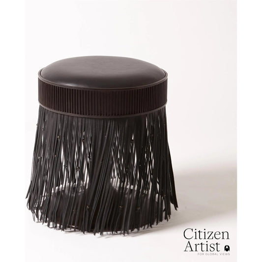 Grace Stool by Global Views in black. Made from brass, leather, mild steel in a eclectic & global style.