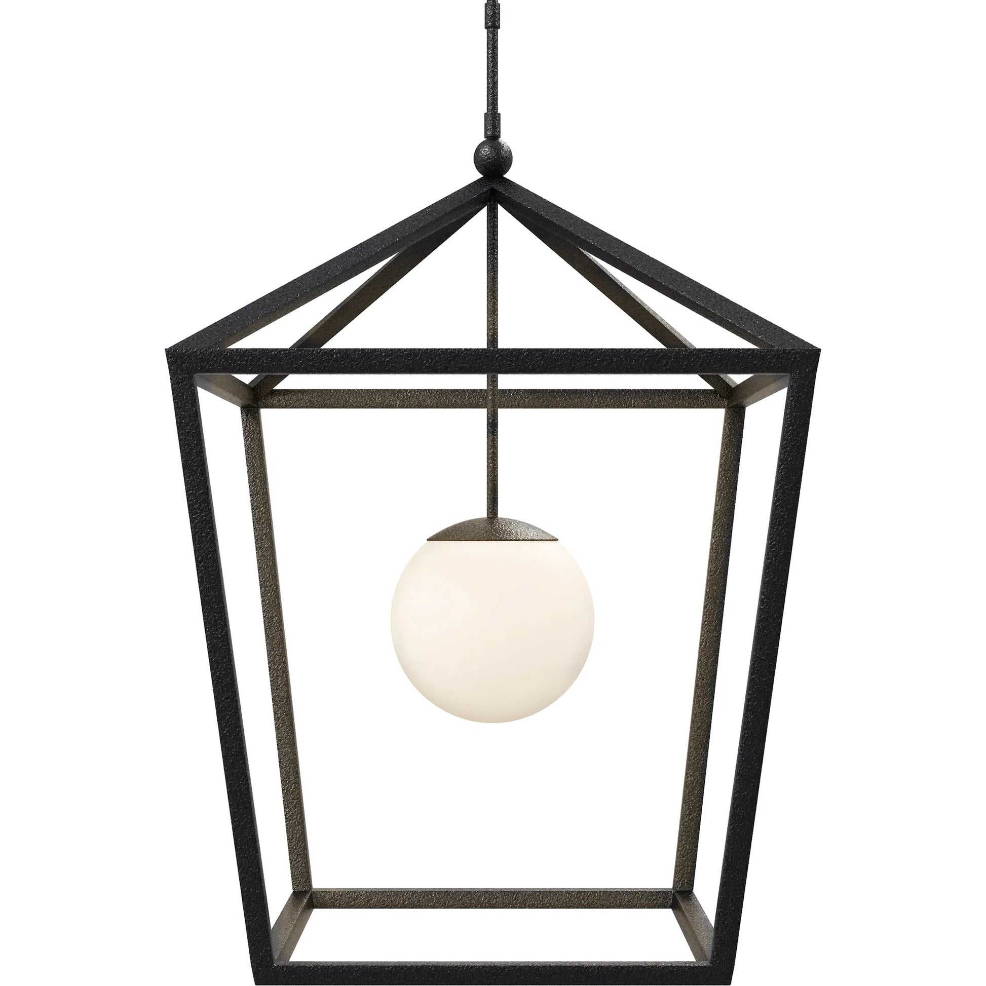 Denison Outdoor Lantern by Currey and Company in black, frosted white. Made from wrought iron, glass in a modern style.