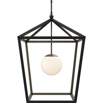Denison Outdoor Lantern by Currey and Company in black, frosted white. Made from wrought iron, glass in a modern style.