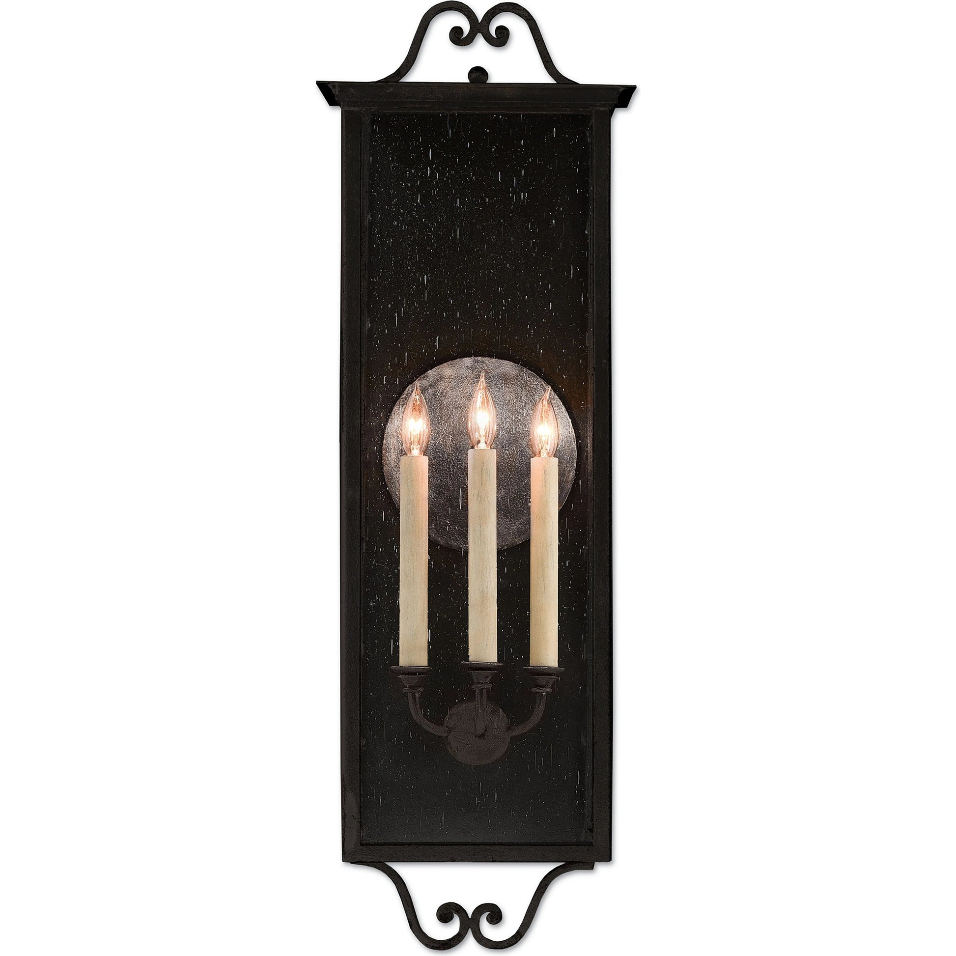 Giatti Outdoor Wall Sconce by Currey and Company in midnight (pure black). Made from wrought iron, glass in a traditional style.