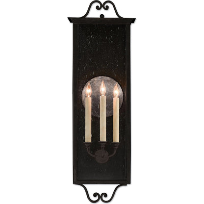 Giatti Outdoor Wall Sconce by Currey and Company in midnight (pure black). Made from wrought iron, glass in a traditional style.