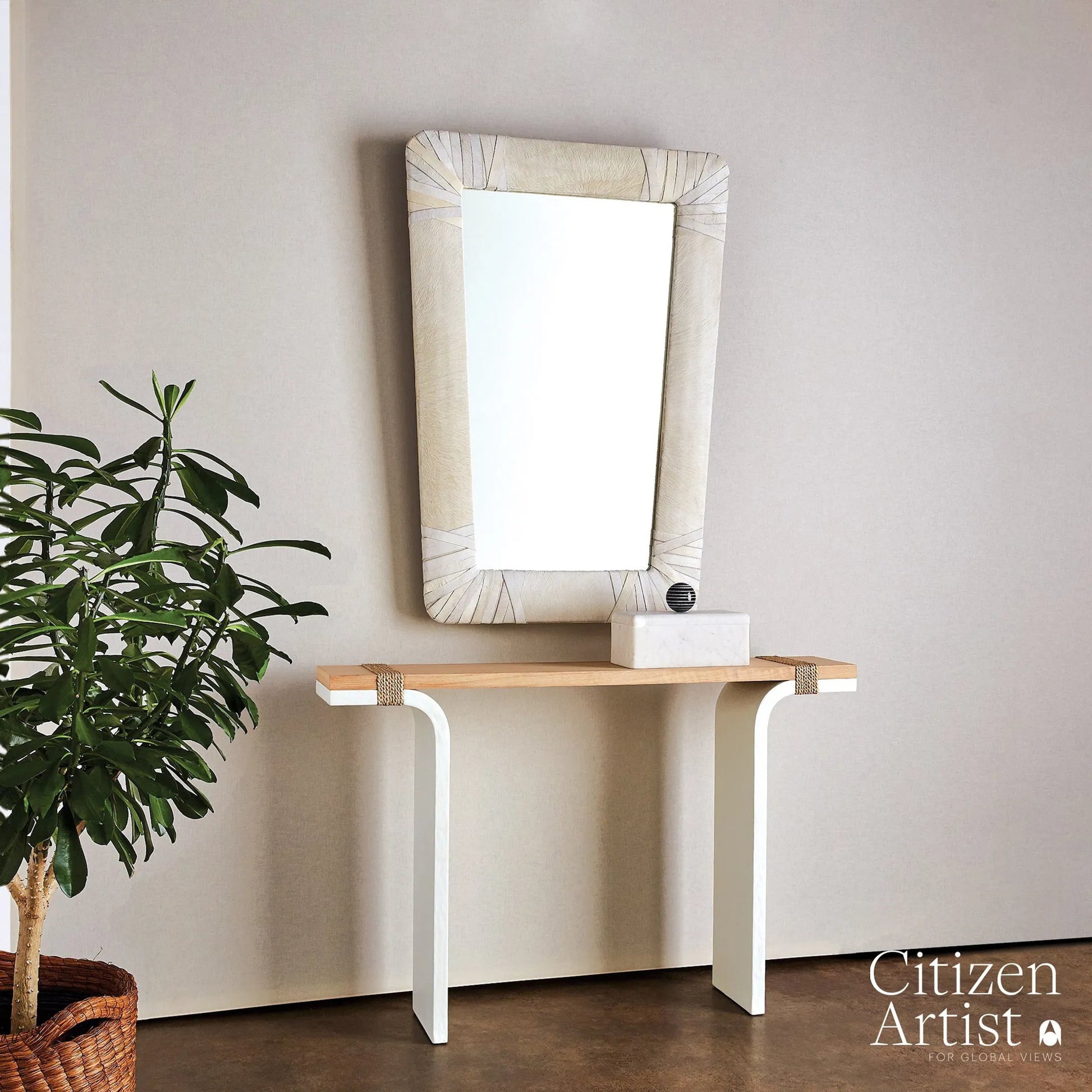 Debby Console by Global Views in white and oak. Made from unique in a transitional style.
