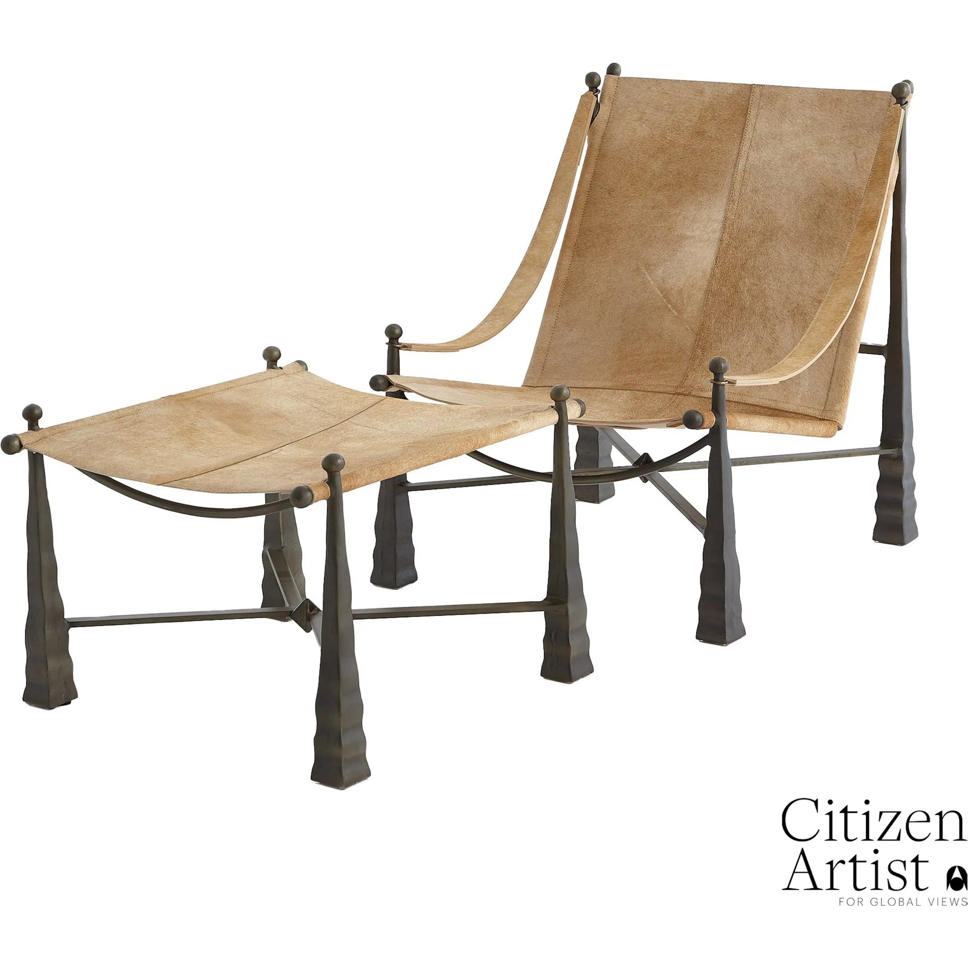 Cognac Ottoman by Global Views. Made from metal, cowhide in a rustic style.