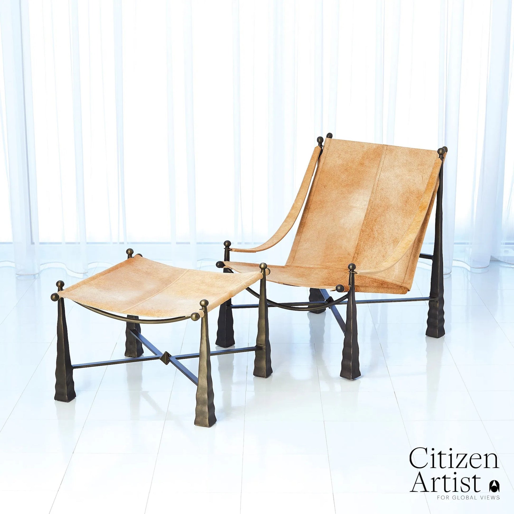 Cognac Ottoman by Global Views. Made from metal, cowhide in a rustic style.