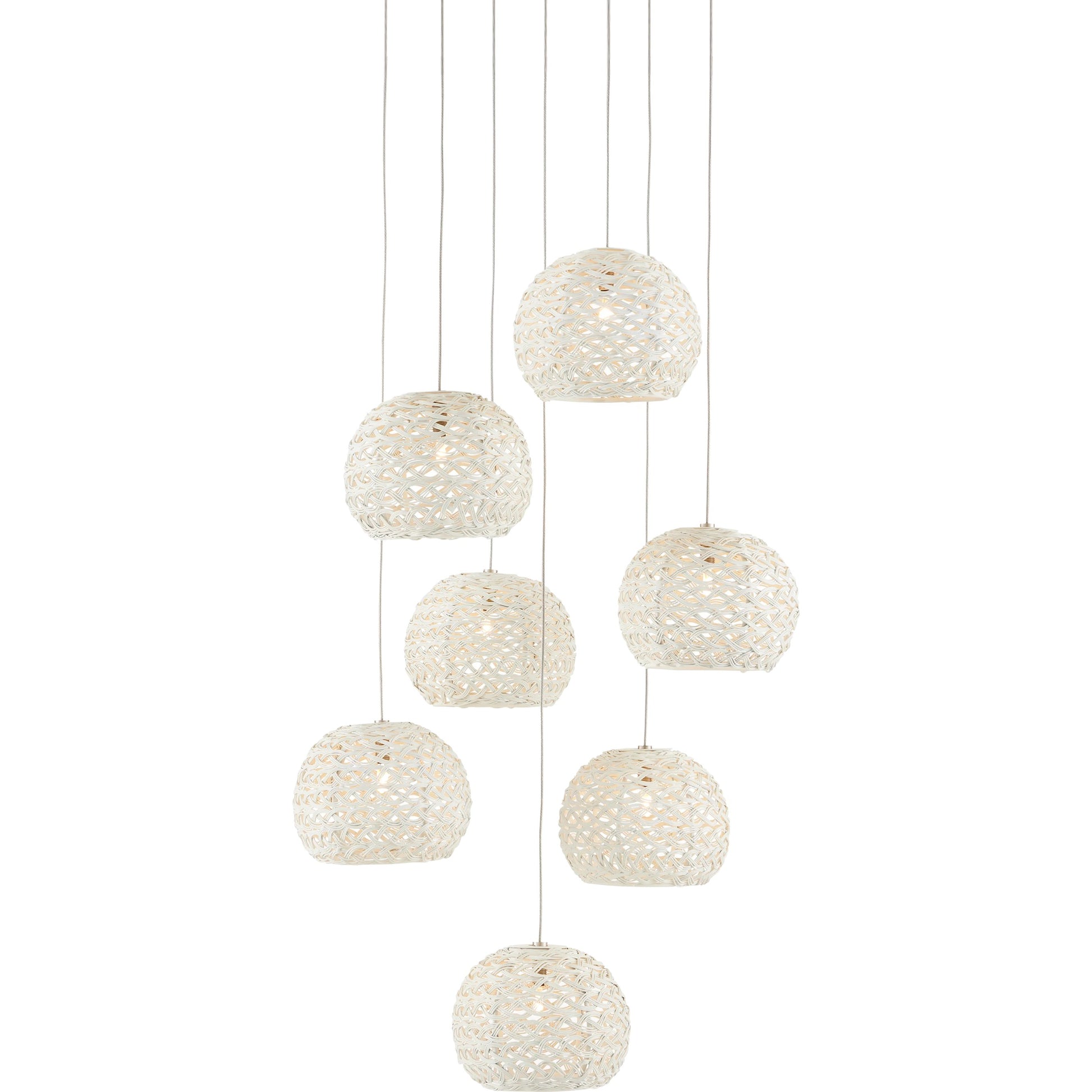 Piero 7-LIGHT Multi-Drop Pendant by Currey and Company in white, painted silver. Made from metal in a coastal style.