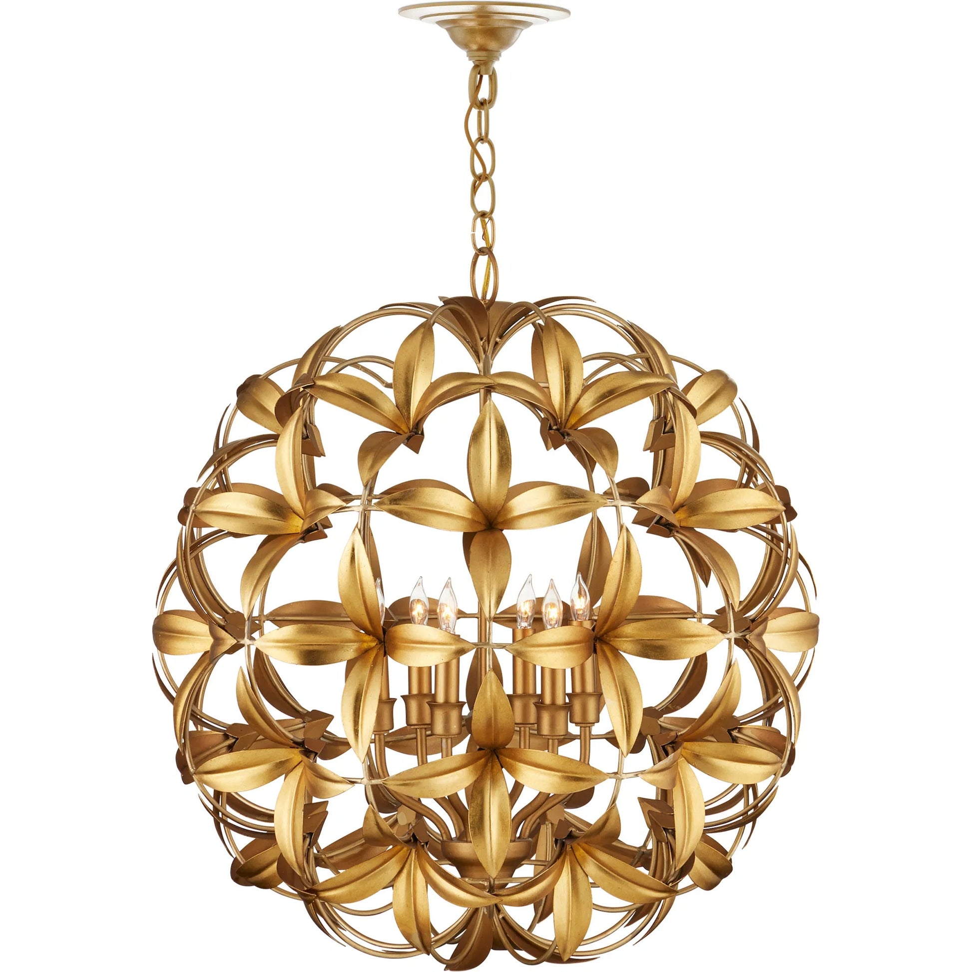 Helenium Orb Chandelier by Currey and Company in contemporary gold leaf, contemporary gold. Made from wrought iron in a modern style.