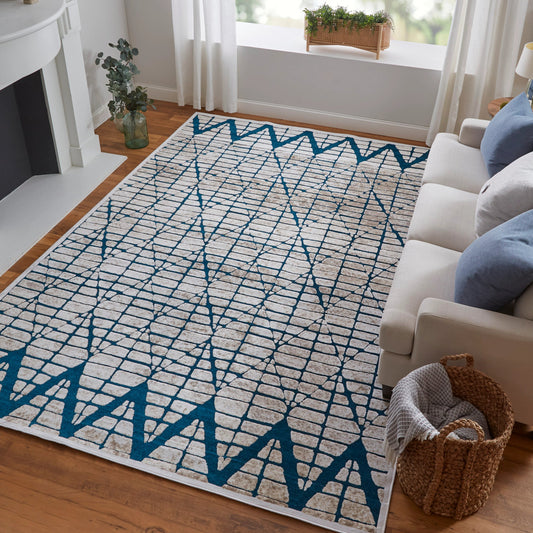 Saphir Mira Transitional Geometric Rug - 3504F by Feizy in blue, green, white. Made from viscose, polyester in a unique style.