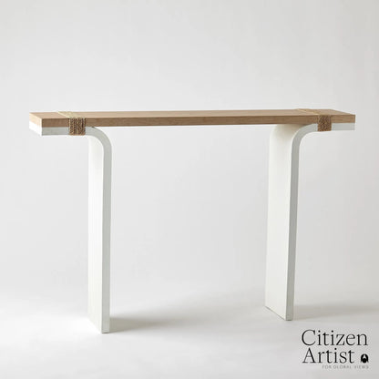 Debby Console by Global Views in white and oak. Made from unique in a transitional style.