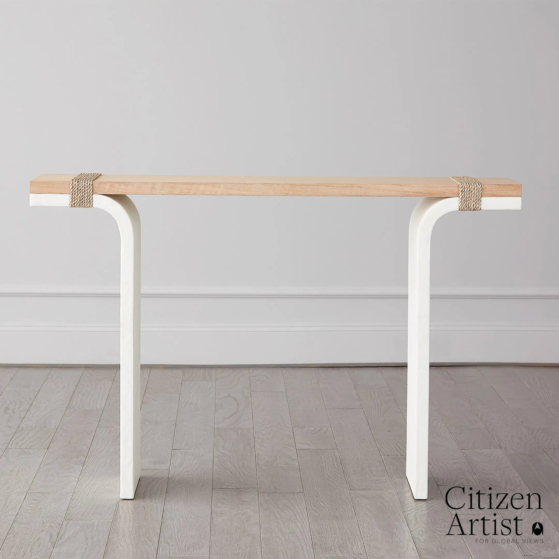 Debby Console by Global Views in white and oak. Made from unique in a transitional style.