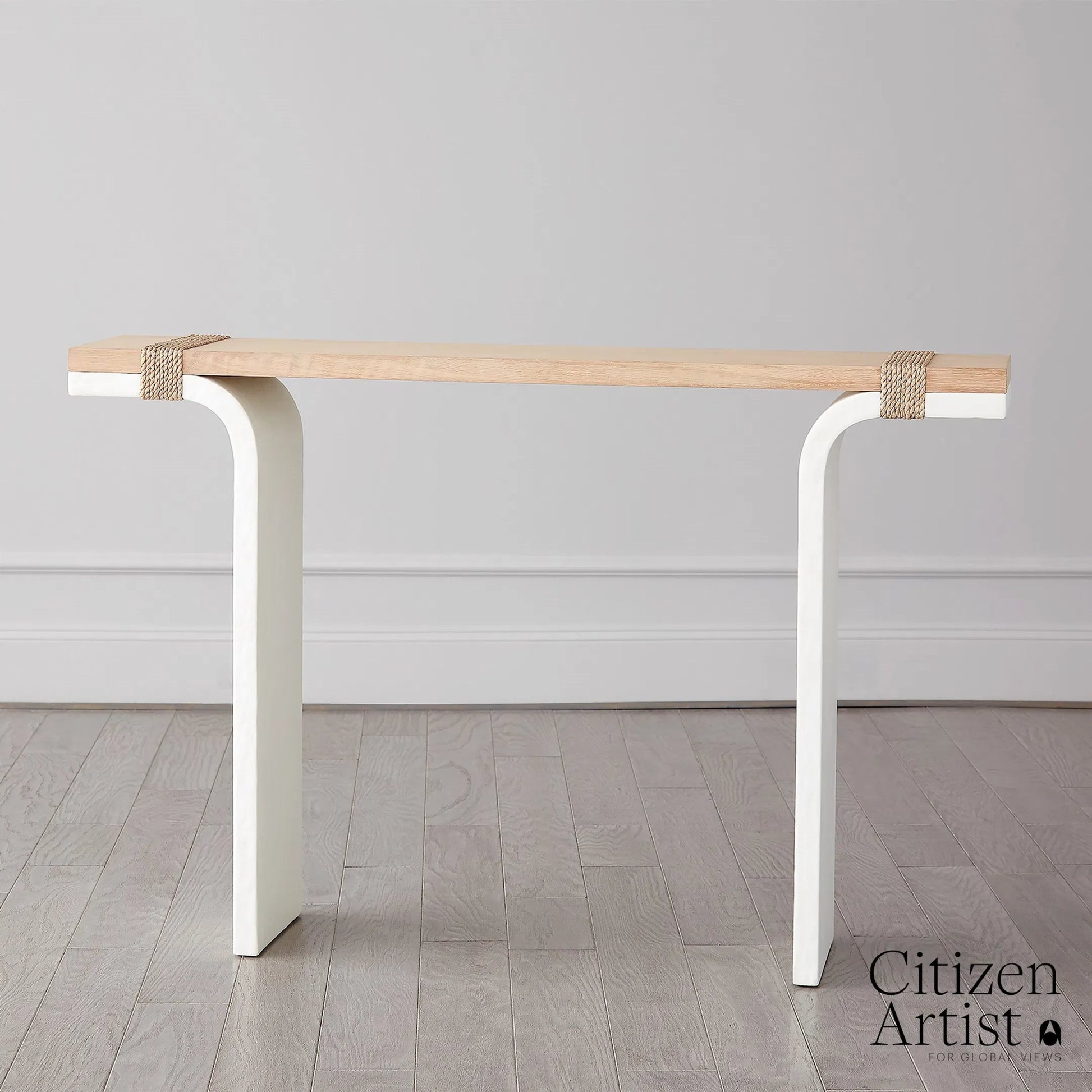 Debby Console by Global Views in white and oak. Made from unique in a transitional style.