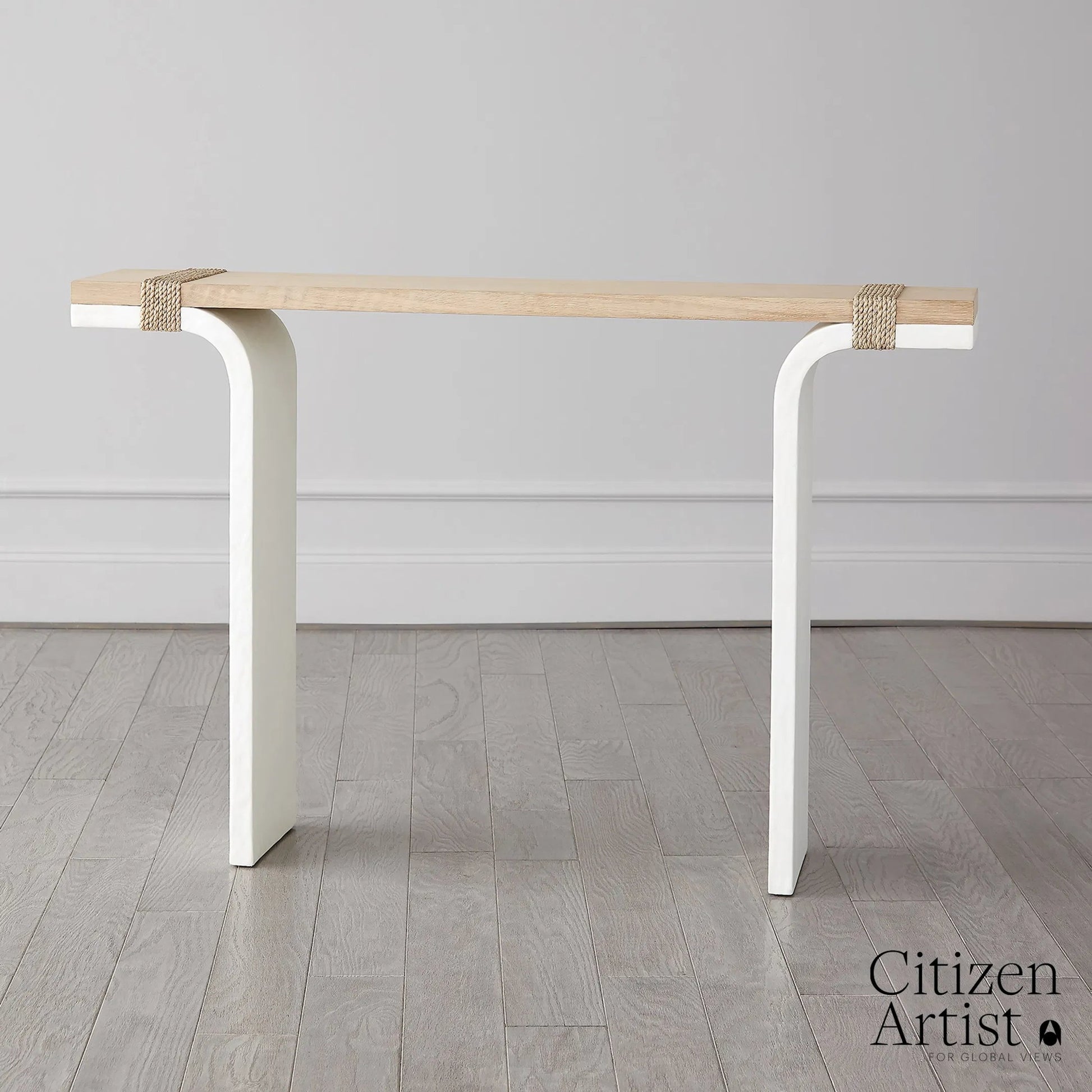 Debby Console by Global Views in white and oak. Made from unique in a transitional style.