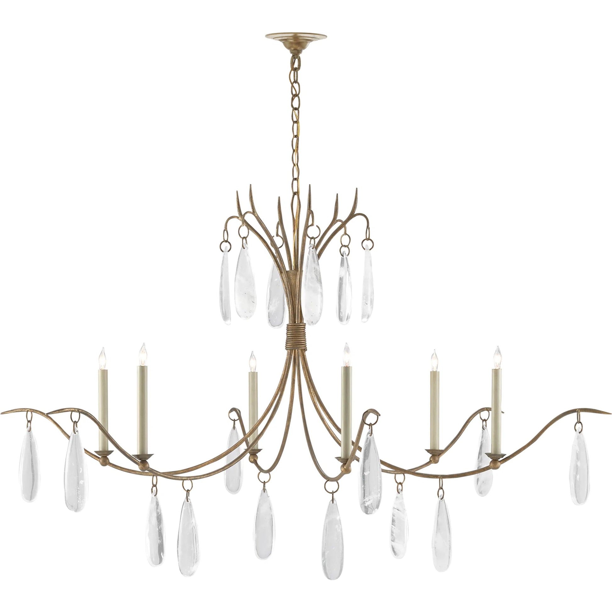 Marshallia Chandelier by Currey and Company in rustic gold, faux rock crystal. Made from wrought iron, glass in a transitional style.