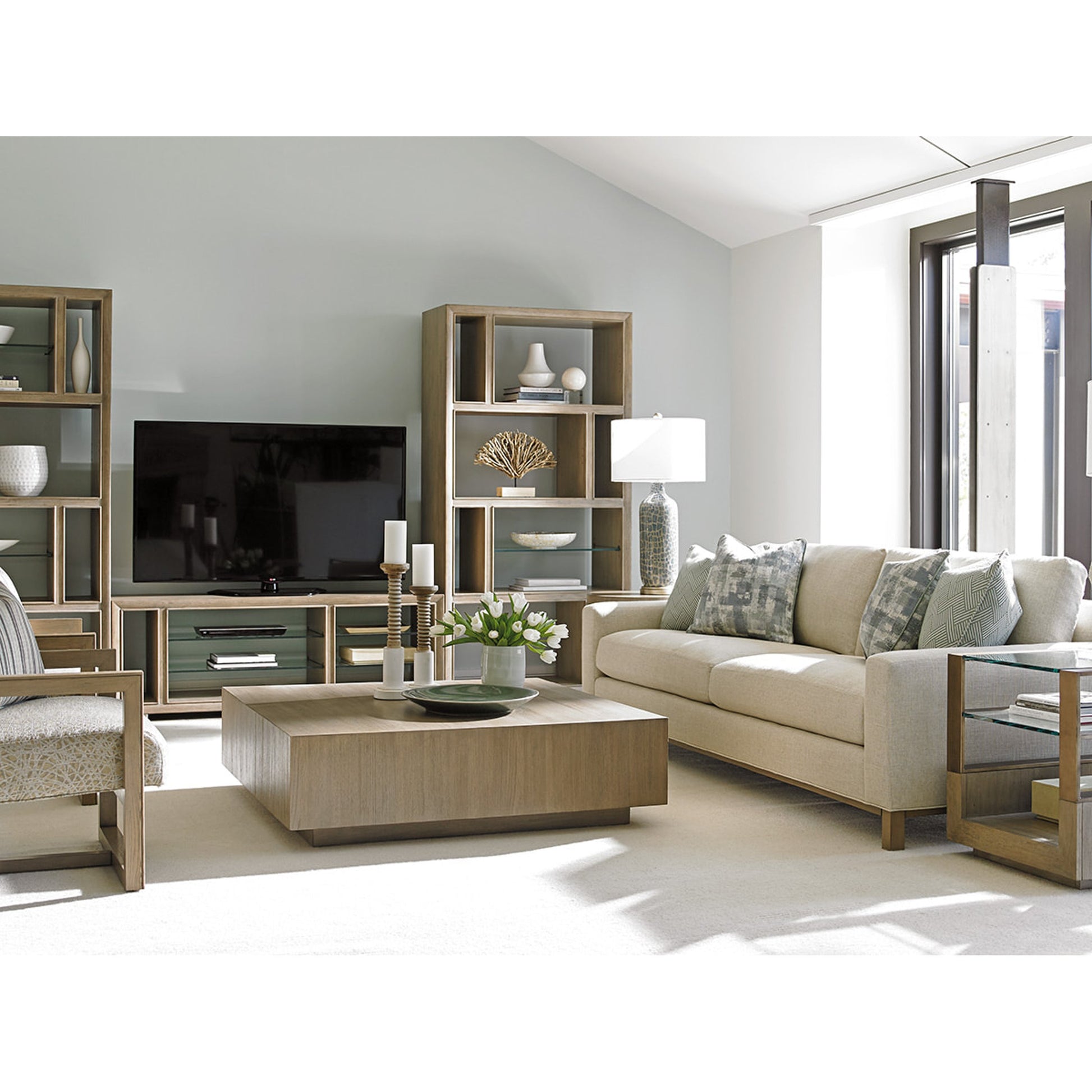 Tatum Square Cocktail Table by Lexington. Made from gray elm veneer in a modern style.