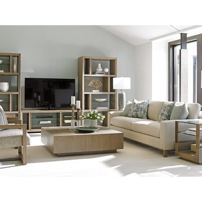 Tatum Square Cocktail Table by Lexington. Made from gray elm veneer in a modern style.