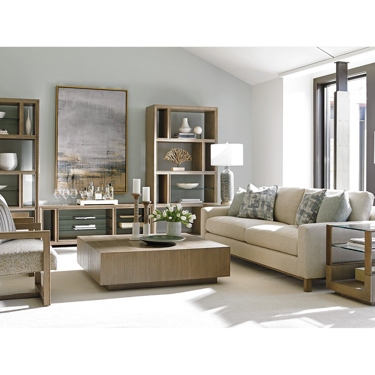 006 SR-835734 | Lifestyle | Tatum Square Cocktail Table by Lexington. Made from gray elm veneer in a modern style.