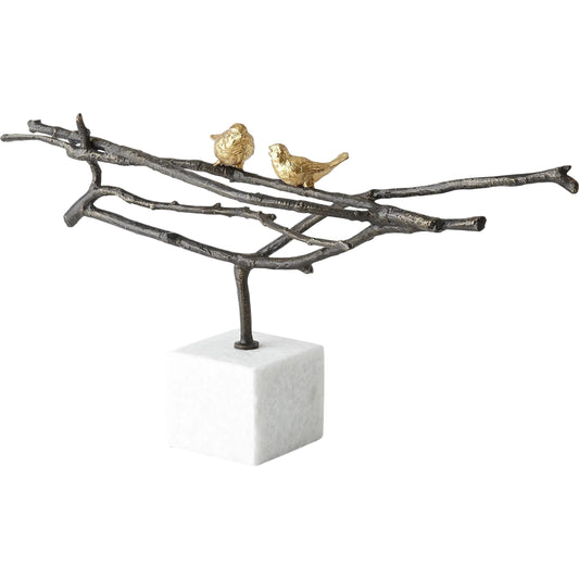 Nesting Birds Sculpture by Global Views in gold leaf. Made from cast iron 50% white marble 50% in a unique style.