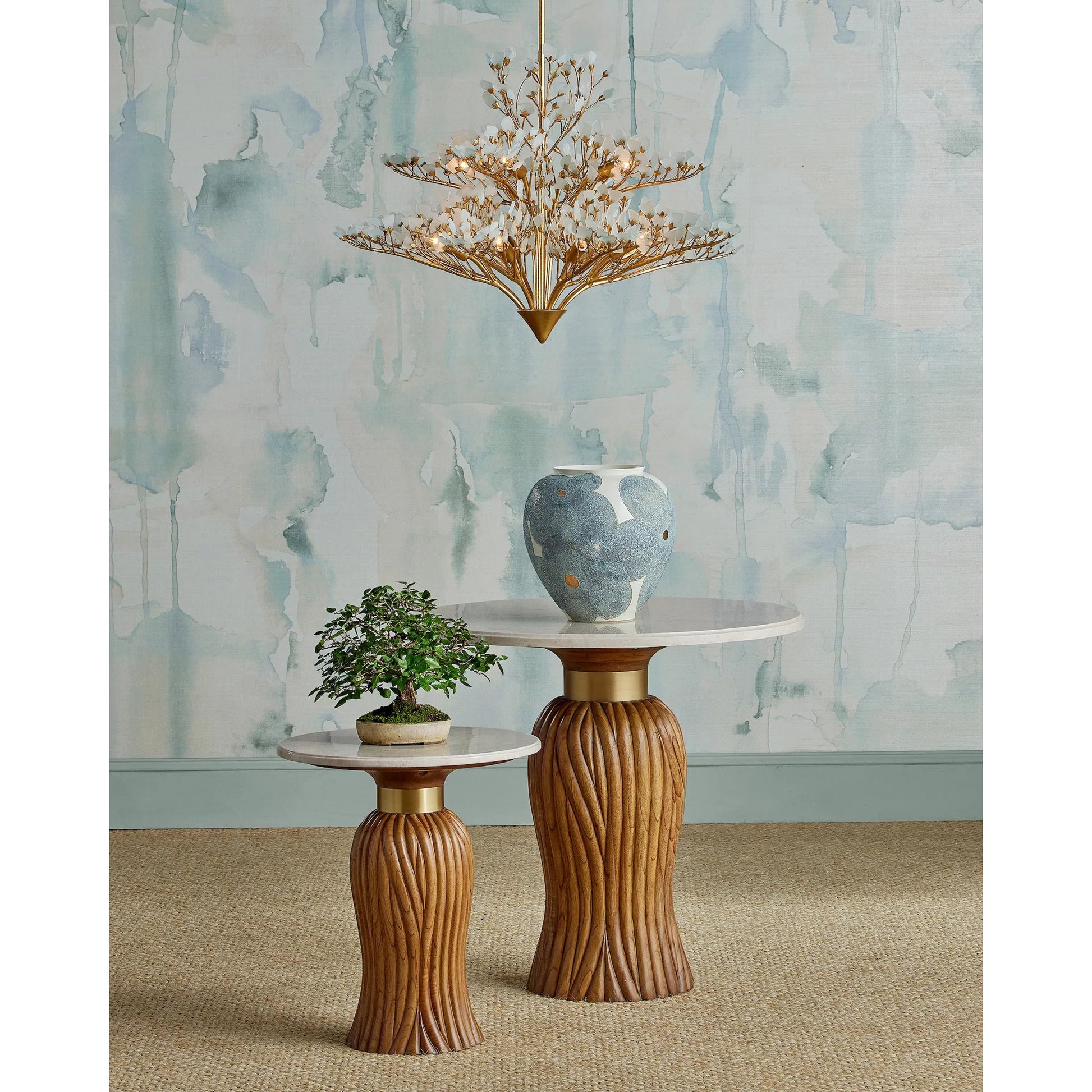 Tassel Accent Table by Currey and Company in morel brown, natural, brushed brass. Made from mindi wood, crema marfil marble, brass in a traditional style.