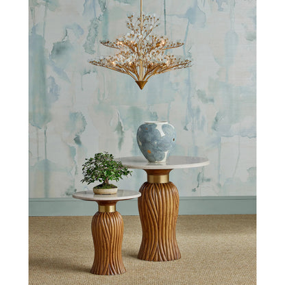 Tassel Accent Table by Currey and Company in morel brown, natural, brushed brass. Made from mindi wood, crema marfil marble, brass in a traditional style.