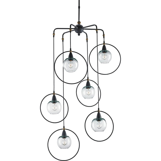 Moorsgate Multi Pendant by Currey and Company in blacksmith, old brass. Made from wrought iron, recycled glass in a modern style.