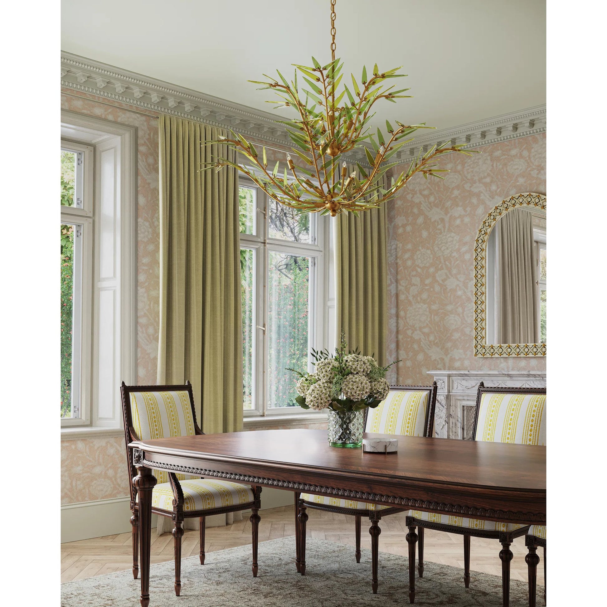 Babylon Two-Tier Chandelier by Currey and Company in green, contemporary gold leaf. Made from recycled bottle glass, wrought iron in a modern style.