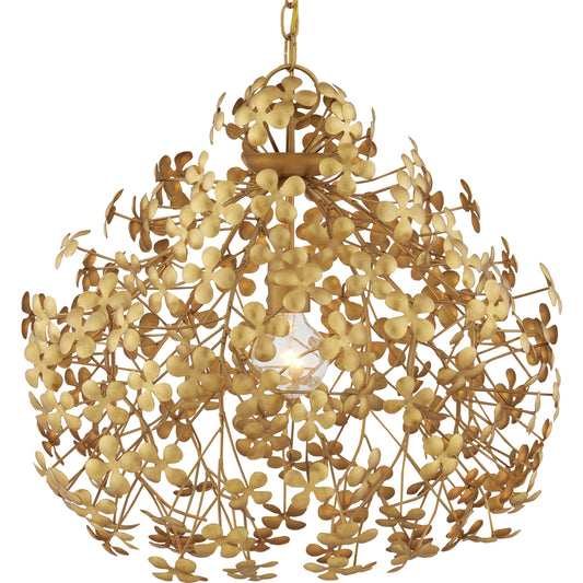 Cloverfield Pendant by Currey and Company in contemporary gold leaf. Made from wrought iron in a modern style.