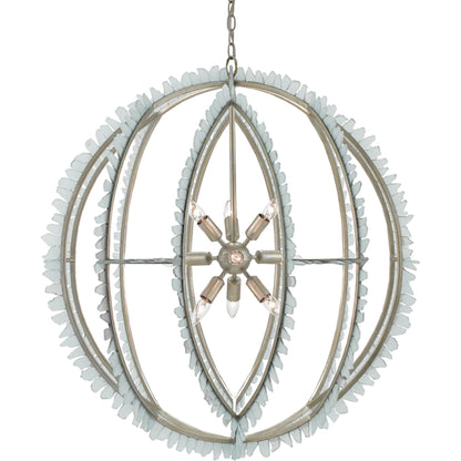Saltwater Orb Chandelier by Currey and Company in contemporary silver leaf, seaglass. Made from wrought iron, glass in a coastal style.
