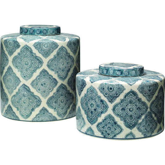 Oran Canisters by Jamie Young in blue, white ceramic. Made from ceramic in a cottage & farmhouse style.