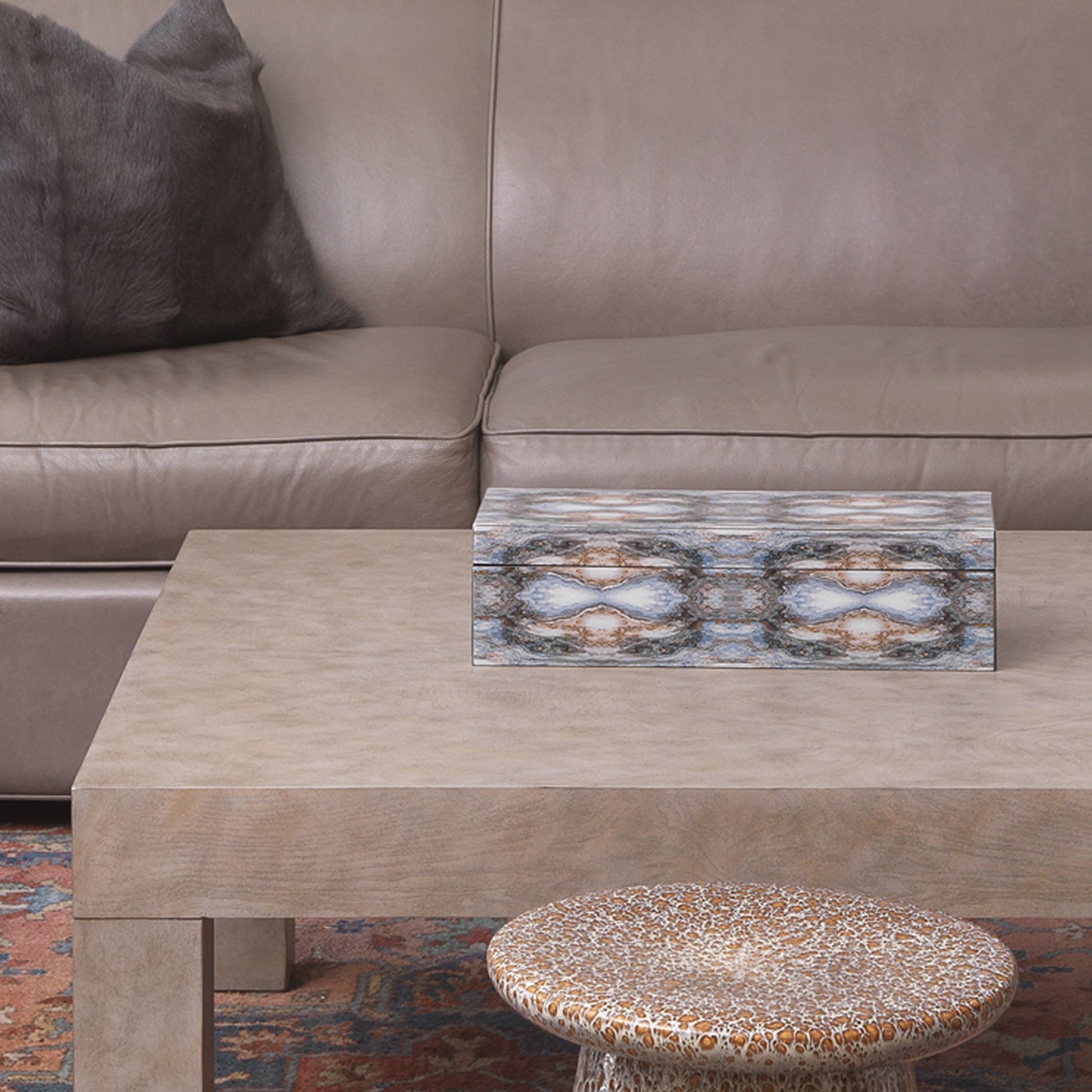 Rorschach Long Box by Jamie Young in indigo blue lacquer. Made from mdf in a eclectic & global style.