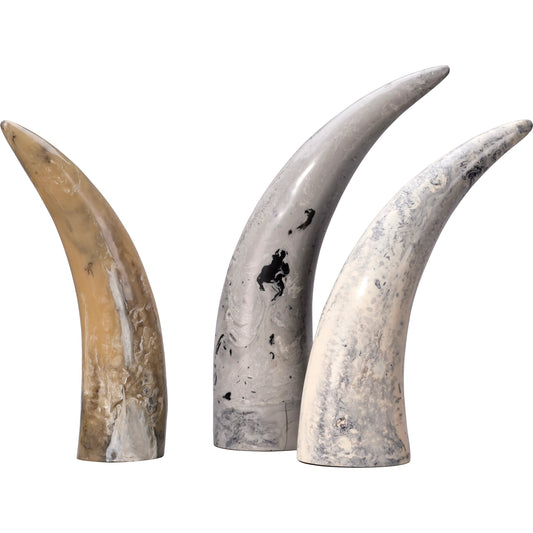 Varigated Horn Decorative Objects by Jamie Young in swirled cream, black, grey. Made from resin in a rustic style.