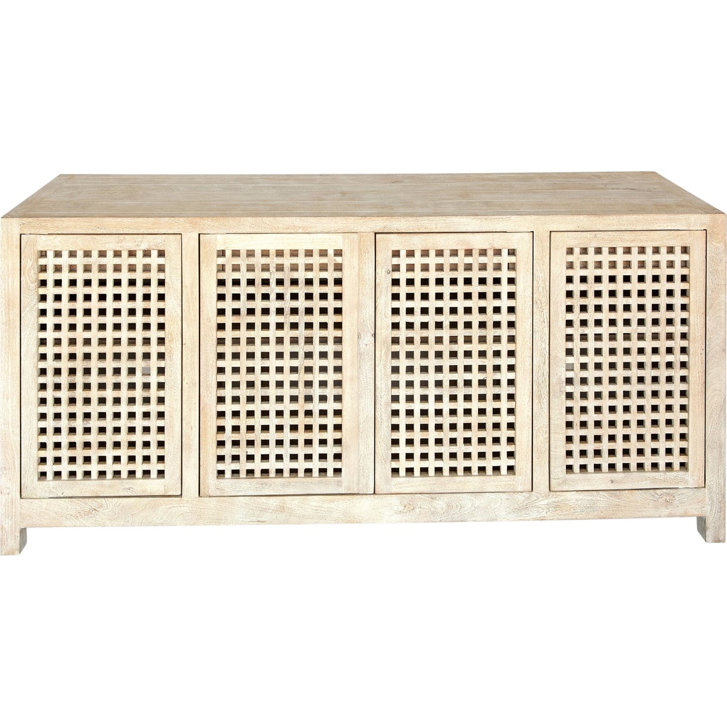 001 SR-701108 | Primary Silo | Driftwood Lattice Credenza by Global Views in white washed. Made from mango, mdf in a coastal style.