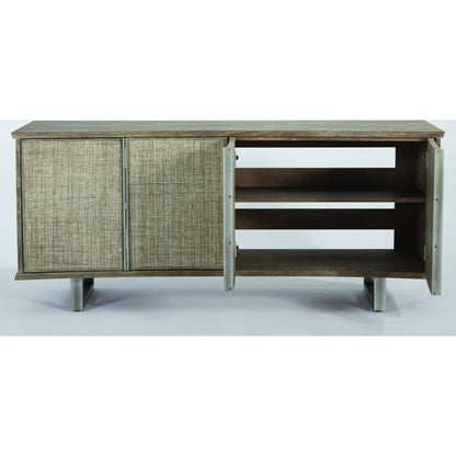 Delphi Media Cabinet by Global Views in gray cerused ash, pewter, acacia, ash. Made from ash, mdf, stainless steel, grasscloth in a modern style.