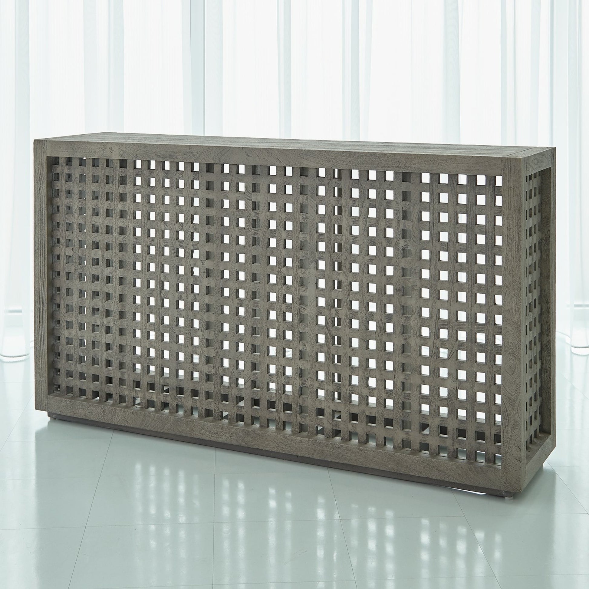 Driftwood Lattice Console by Global Views in white washed. Made from mango in a coastal style.